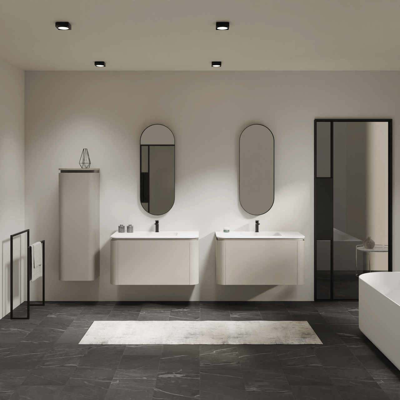 Balmani Moon hängendes Möbelstück Set: 100 x 55 cm, Seidengrau, mit Moon Einzelwaschtisch, Solid Surface Weiß matt