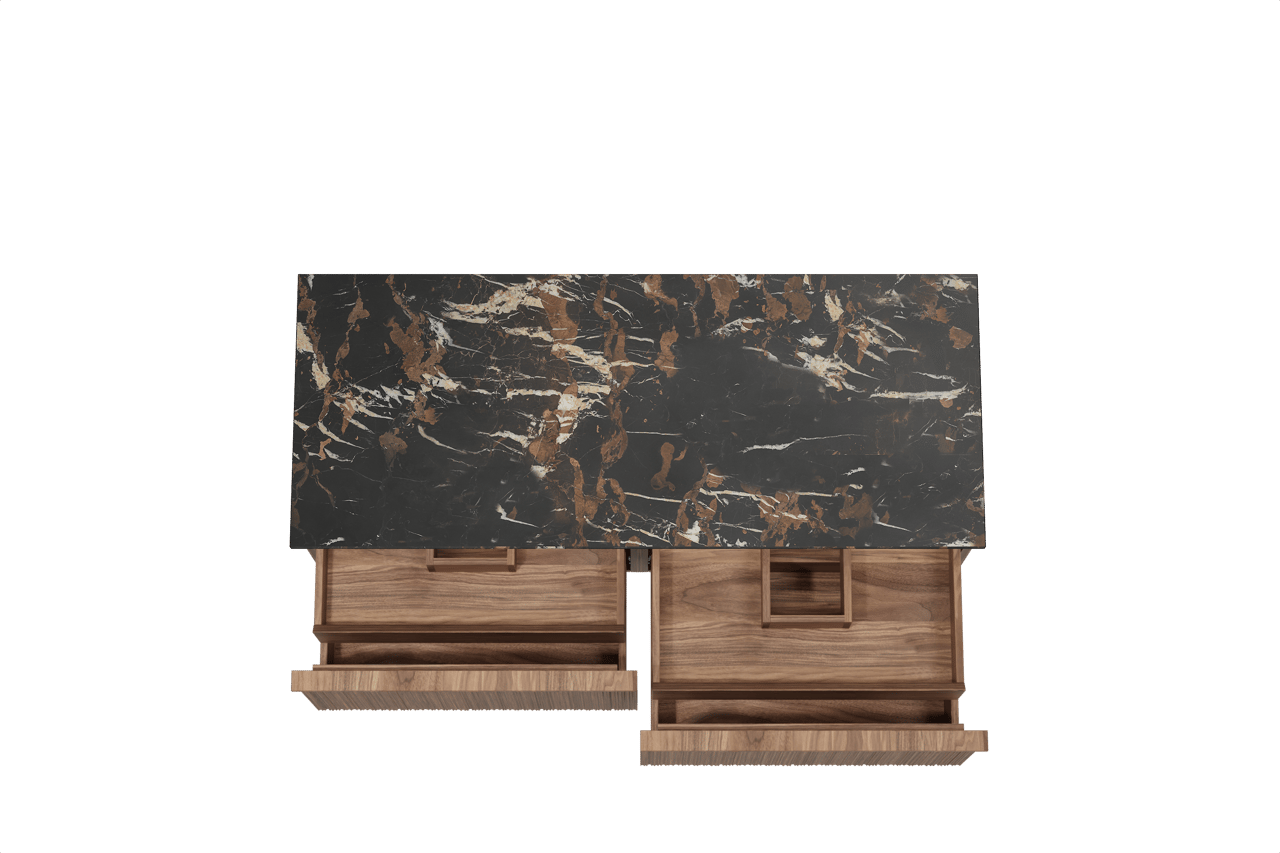 Balmani Forma zwevend badmeubel 135 x 55 cm amerikaans notenhout met Stretto enkel of dubbel wastafelblad in marmer portoro gold, Verticale asymmetrische ronde ribbel