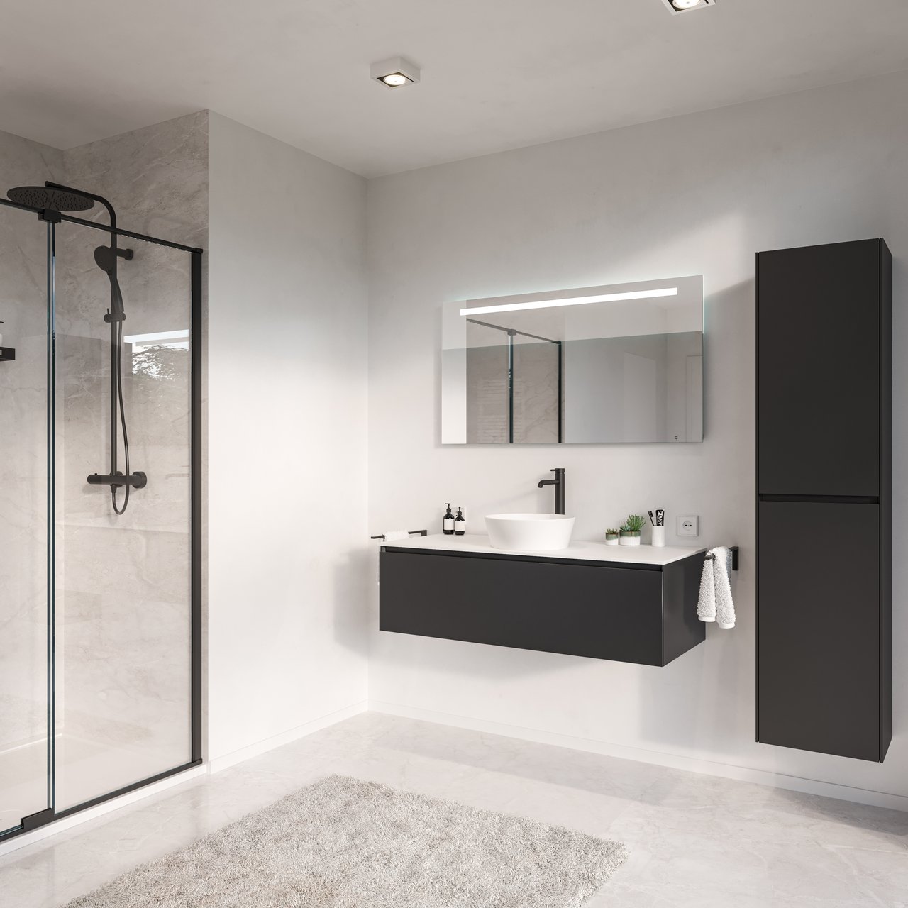 Storke Edge hängender Waschbeckenunterschrank: 120 x 52 cm, Schwarz matt, 1 Schublade, 2 Siphonaussparungen