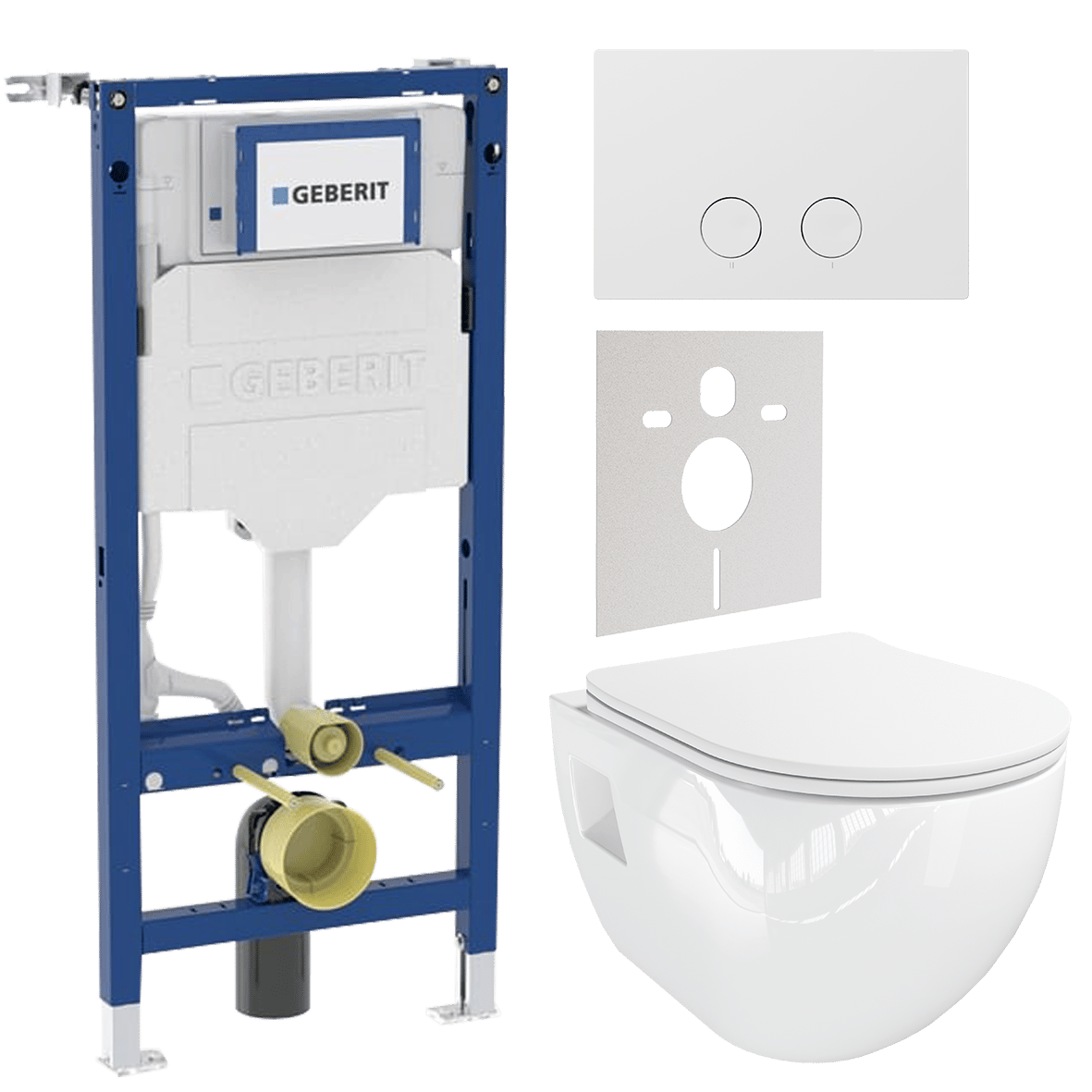 Linie Waldo hangend toilet hoogglans wit randloos met Geberit UP320 Systemfix inbouwreservoir en bedieningspaneel