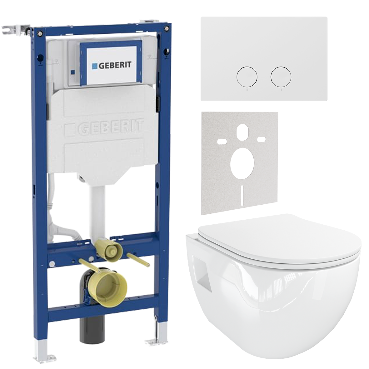 WC Set: Linie Waldo Hänge WC, Weiß glänzend, spülrandlos, Geberit UP320 Systemfix Einbauspülkasten mit Luca Varess Betätigungsplatte