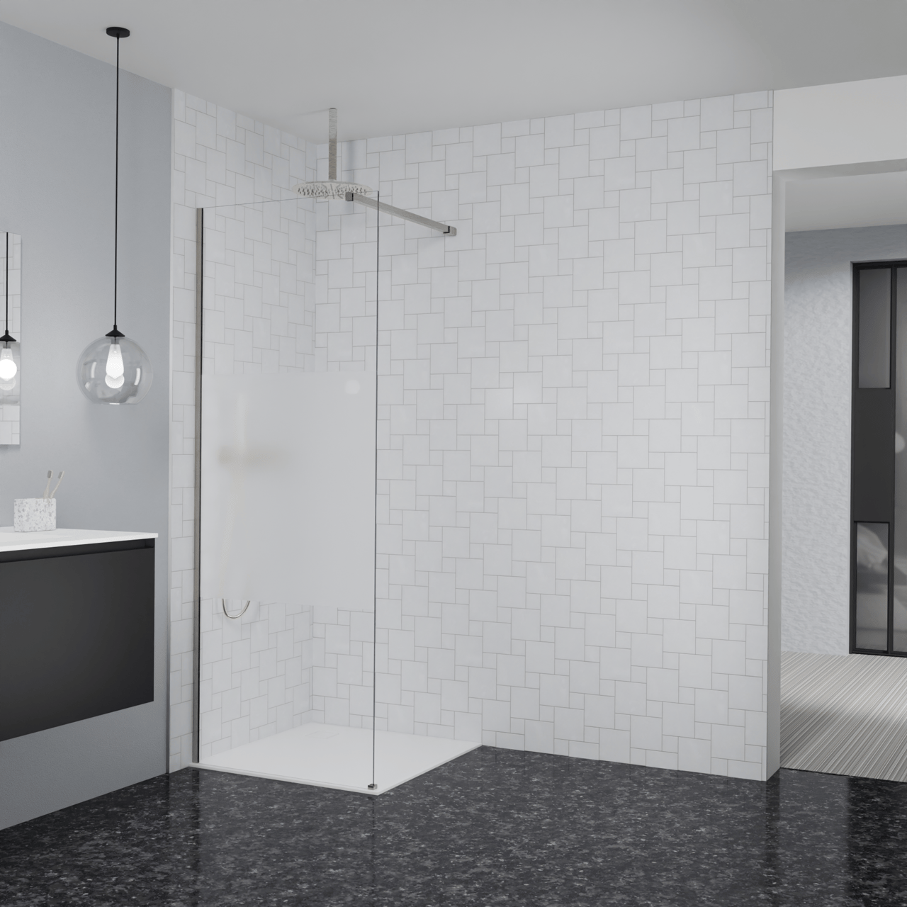 Balmani Modular Walk-In Dusche: 80 x 200 cm, Klarglas mit mattiertem Streifen, Profil Brushed CoolMetal