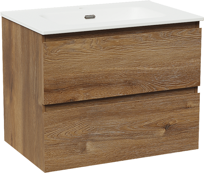 Linie Lado hängendes Möbelstück Set: 70 x 46 cm, Braune Eiche, mit Baro Einzelwaschtisch, Porzellan Weiß matt