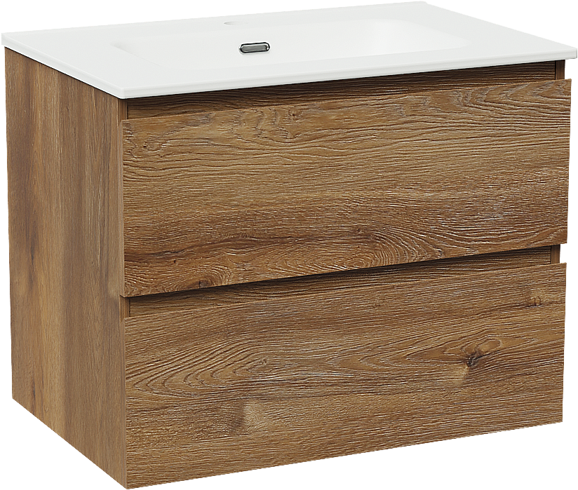 Linie Lado zwevend badkamermeubel 70 x 46 cm bruine eik met Baro enkele wastafel in porselein mat wit