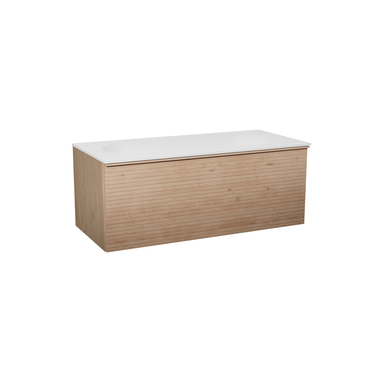 Balmani Forma meuble salle de bains suspendu 120 x 55 cm chêne naturel avec Tablo Oval lavabo simple pour 2 trous de robinet en solid surface blanc mat, Nervure droite symétrique horizontale