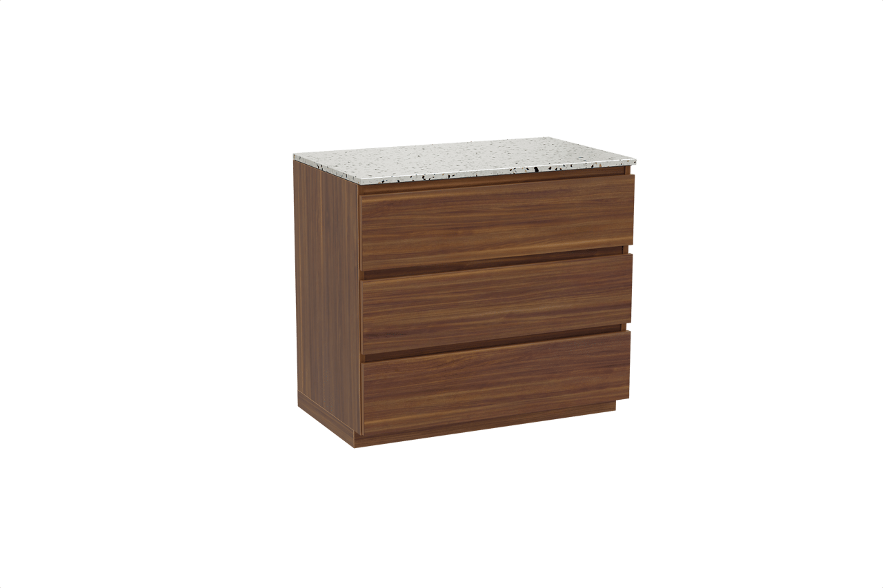 Balmani Lucida staand badkamermeubel 90 x 55 cm amerikaanse notelaar met Stretto enkel tablet in mat wit/zwart terrazzo