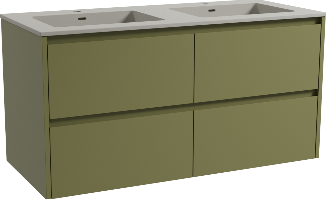Storke Seda zwevend badmeubel 120 x 52 cm olijfgroen met Diva dubbele wastafel in top solid zijdegrijs