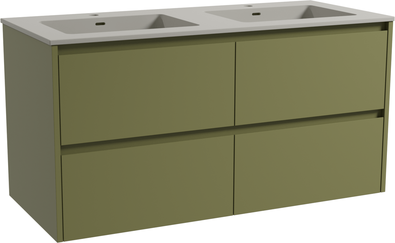 Storke Seda meuble salle de bains suspendu 120 x 52 cm vert olive avec Diva double vasque en top solid soie grise