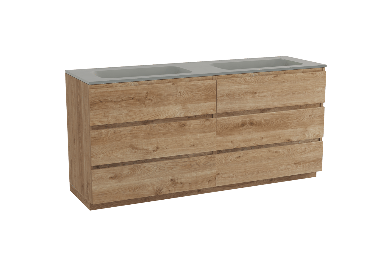 Balmani Lucida freistehendes Möbelstück Set: 180 x 55 cm, Rohe Eiche, mit Tablo Strada Doppelwaschtisch, Marmorkomposit Seidengrau