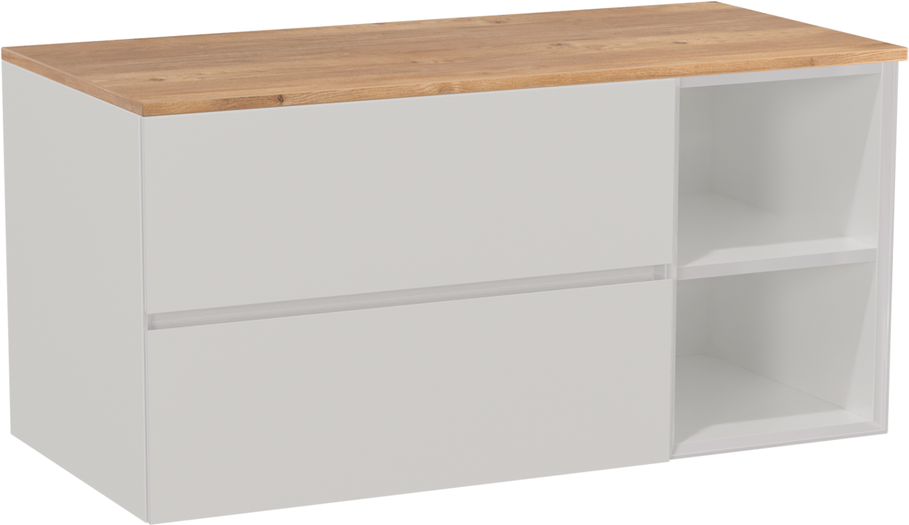 Storke Edge hängendes Möbelstück Set: 110 x 52 cm, Weiß glänzend, mit Panton Einzel Waschtischplatte, Melamin Rohe Eiche