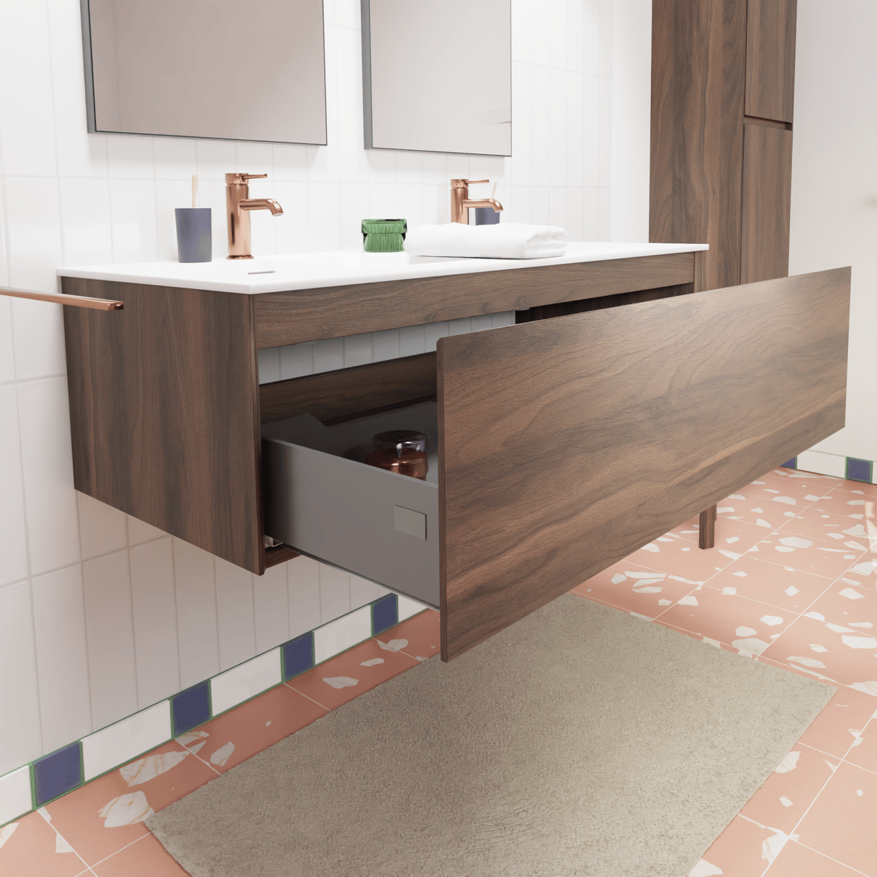 Storke Edge zwevend badkamermeubel 120 x 52 cm notelaar met Mata dubbele wastafel in solid surface mat wit