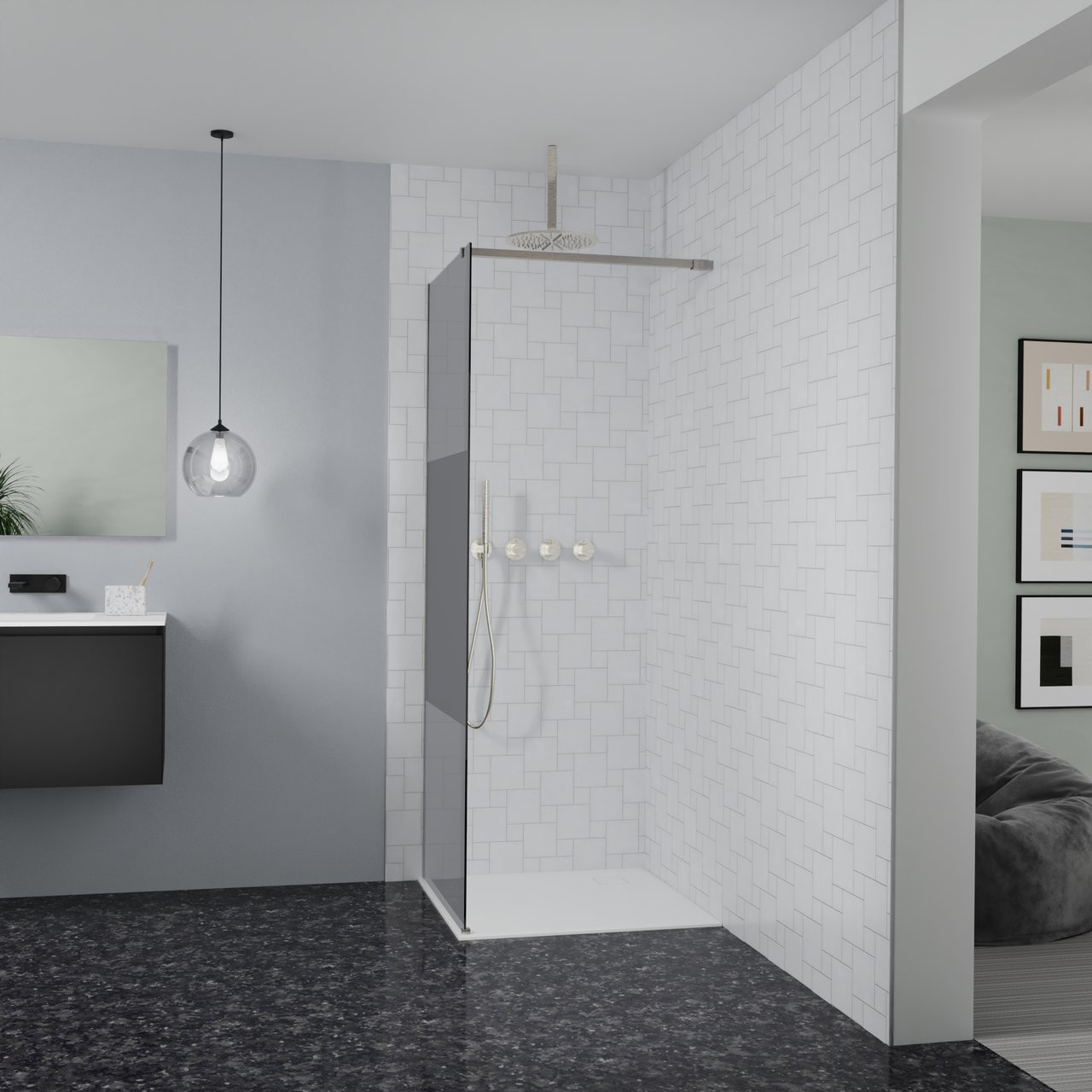 Balmani Modular Walk-In Dusche: 80 x 200 cm, Rauchglas mit mattiertem Streifen, inklusive Coating, Profil Brushed CoolMetal