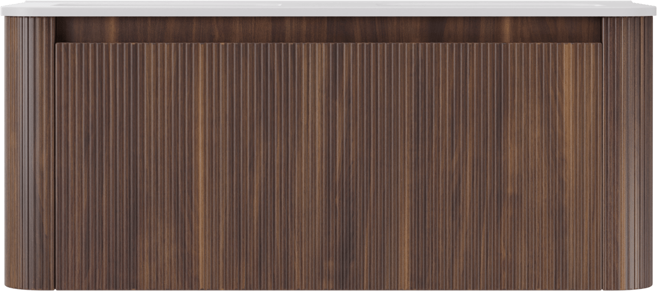 Storke Soft hängendes Möbelstück Set: 120 x 46 cm, Nussbaum, mit Kera Soft Doppelwaschtischplatte Keramik Weiβ matt, Vertikale symmetrische gerade Rippe