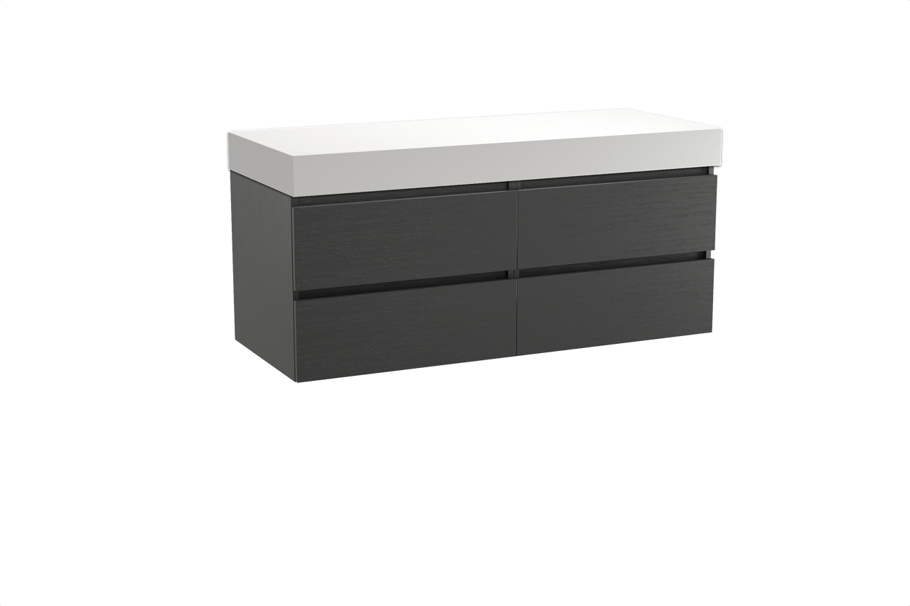 Balmani Lucida meuble salle de bains suspendu 135 x 55 cm chêne noir avec Dominus tablette simple ou double en solid surface blanc mat