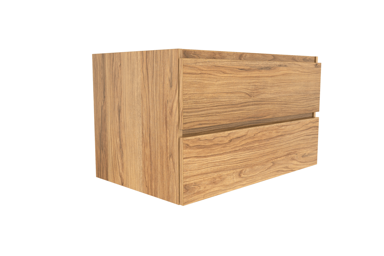 Balmani Lucida hängender Waschbeckenunterschrank: 90 x 55 cm, Teak, 2 Schubladen