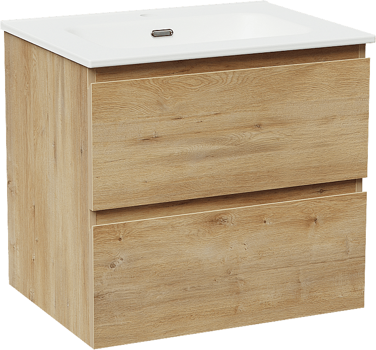 Linie Lado zwevend badmeubel 60 x 46 cm naturel eiken met Baro enkele wastafel in porselein mat wit