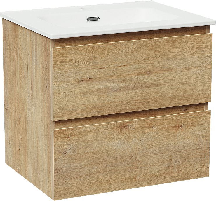 Linie Lado zwevend badmeubel 60 x 46 cm naturel eiken met Baro enkele wastafel in porselein mat wit