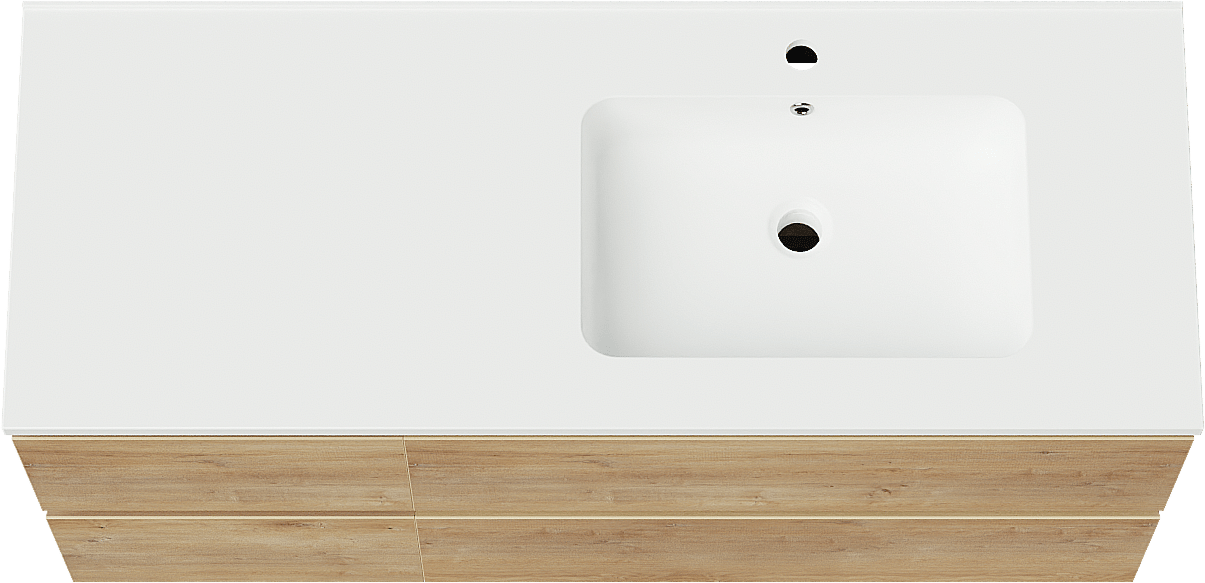 Linie Lado zwevend badkamermeubel 120 x 46 cm natuur eik met Vano asymmetrisch rechtse wastafel in composietmarmer mat wit
