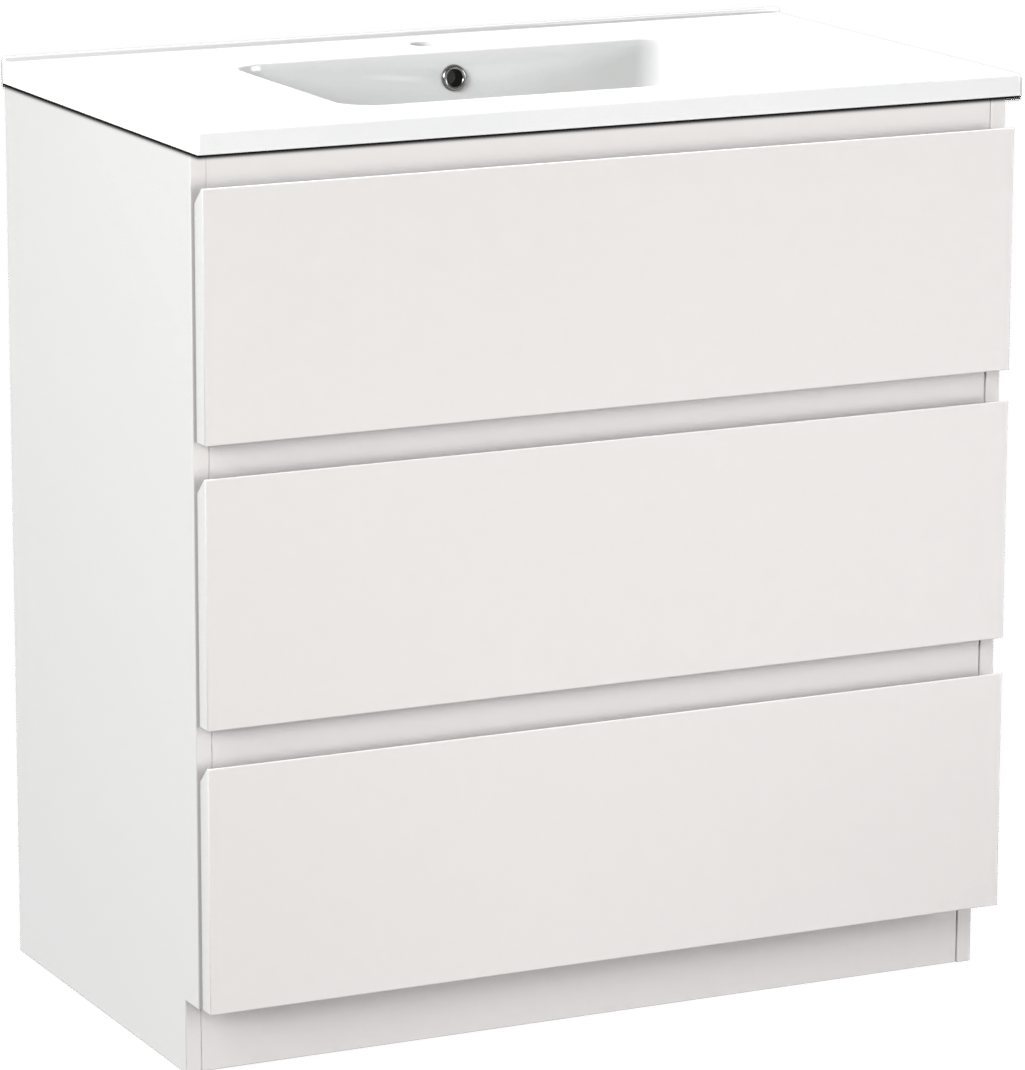 Linie Lado freistehendes Möbelstück Set: 80 x 46 cm, Weiß matt, mit Vano Einzelwaschtisch, Marmorkomposit Weiß glänzend
