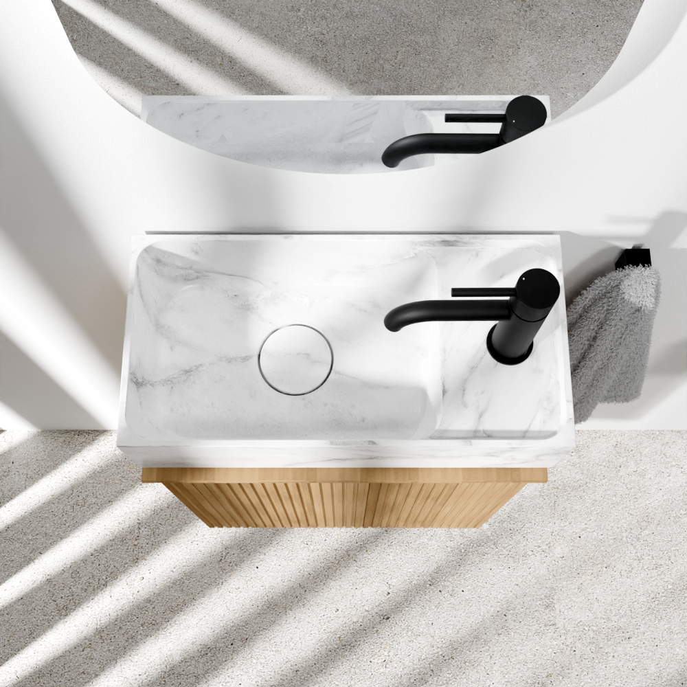 Balmani Forma meuble wc suspendu 42 x 21 cm chêne naturel avec Dama lavabo en marbre Carrara