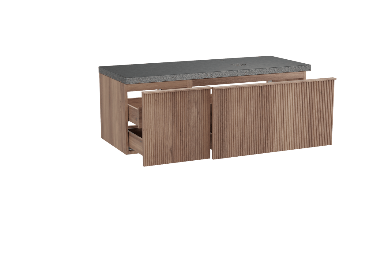 Balmani Forma hängendes Möbelstück Set: 135 x 55 cm, Teak, mit Rock Waschtisch rechts, Granit, Schwarzes Granit, Vertikale symmetrische gerade Rippe