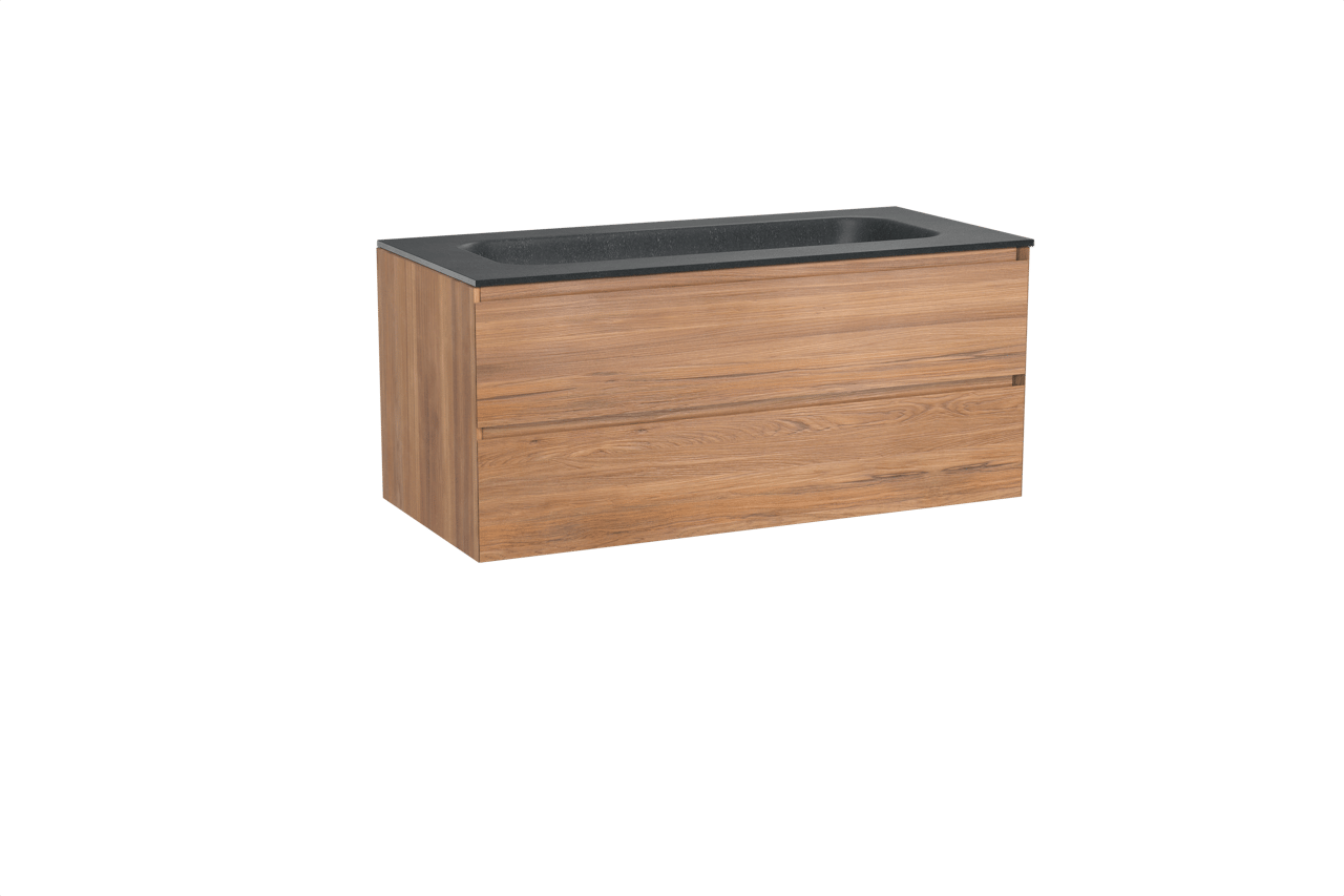 Balmani Mitra hängendes Möbelstück Set: 120 x 55 cm, Teak, mit Tablo Arcato Einzelwaschtisch für 2 Armaturenlöcher, Schwarzes Granit