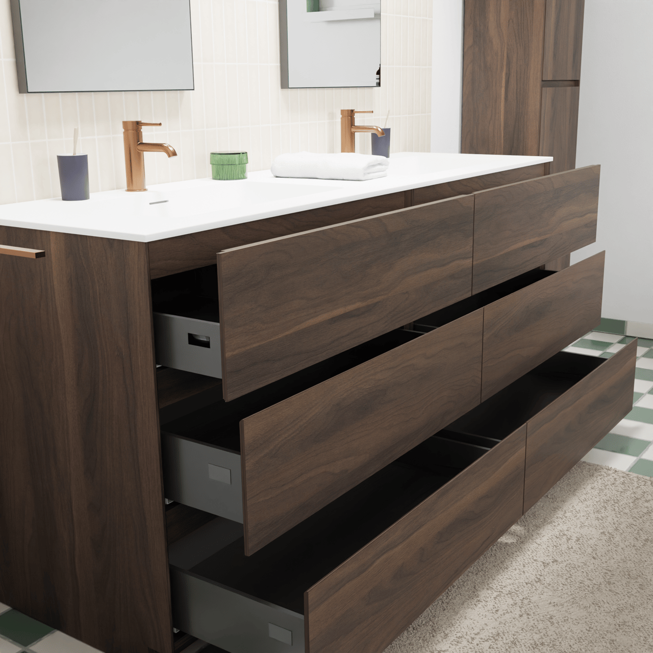 Storke Edge staand badkamermeubel 170 x 52 cm notelaar met Mata dubbele wastafel in solid surface mat wit