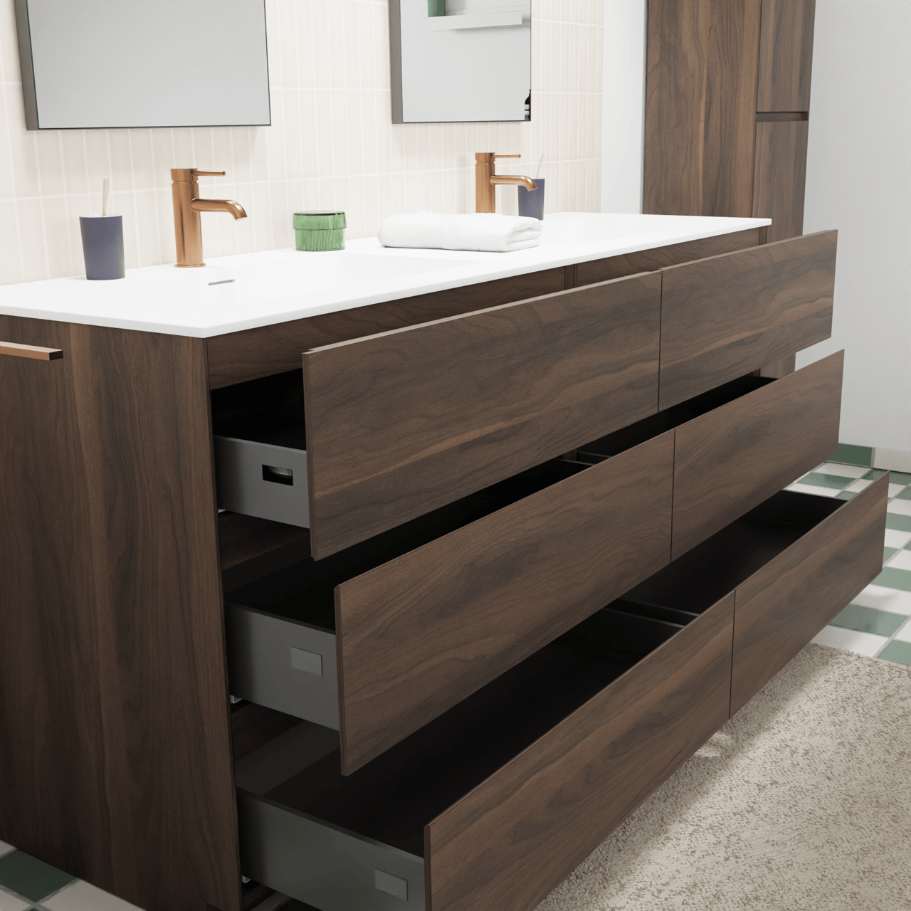 Storke Edge freistehendes Möbelstück Set: 170 x 52 cm, Nussbaum, mit Mata Doppelwaschtisch, Solid Surface Weiß matt