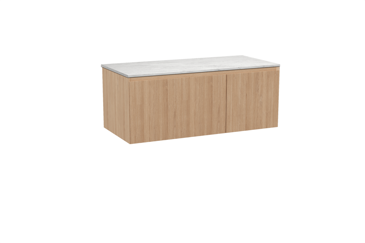 Balmani Fila hängendes Möbelstück Set: 120 x 55 cm, Naturbelassene Eiche, mit Stretto Einzel- oder Doppel Waschtischplatte, Marmor, Carrara, Vertikale symmetrische gerade Rippe