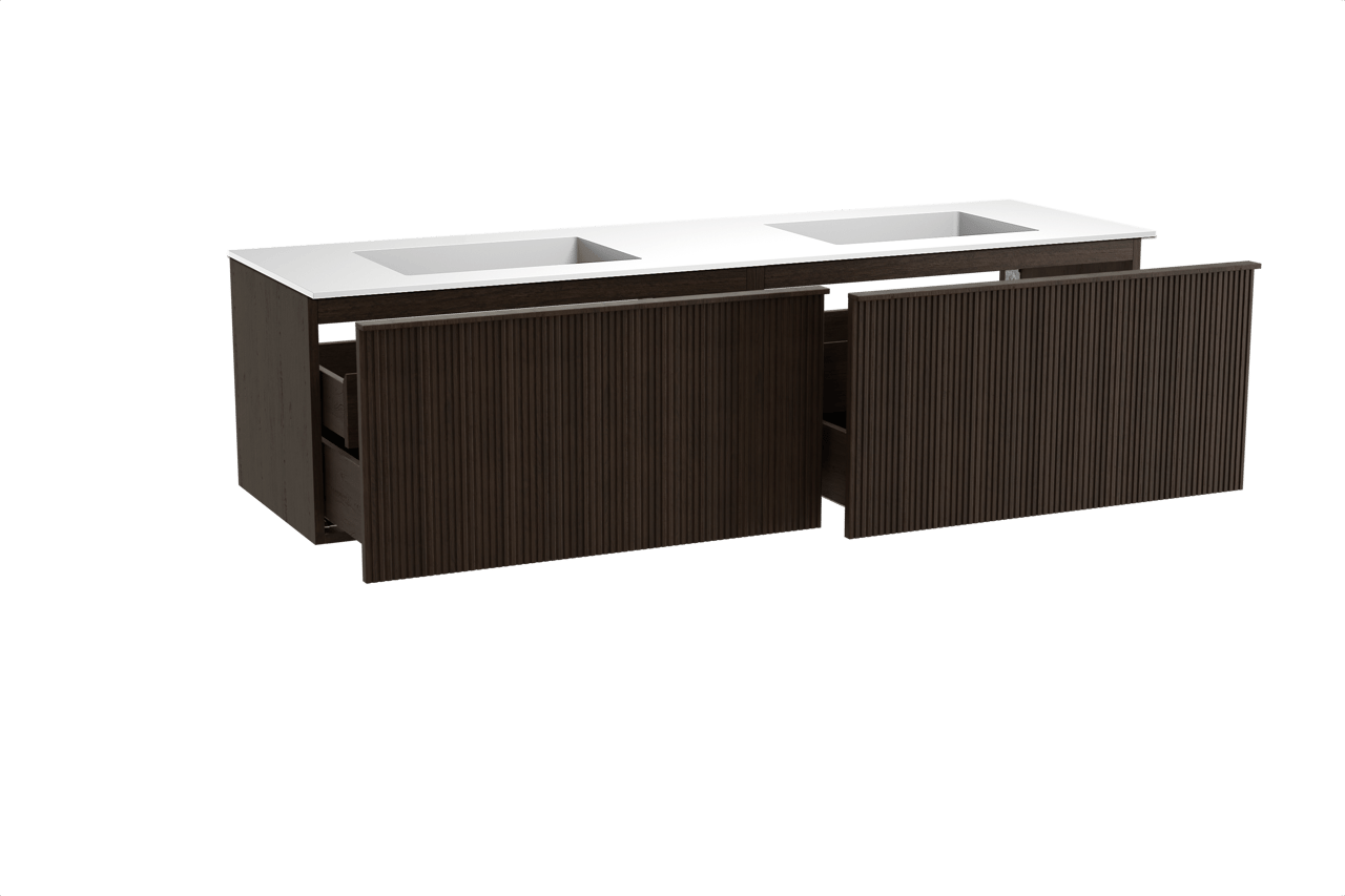 Balmani Forma hängendes Möbelstück Set: 180 x 55 cm, Geräucherte Eiche, mit Tablo Stretto Doppelwaschtisch, Solid Surface, Weiß matt, Vertikale symmetrische gerade Rippe