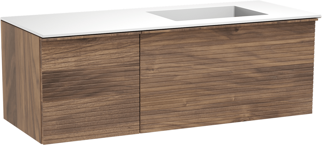 Balmani Forma hängendes Möbelstück Set: 135 x 55 cm, Amerikanischer Nussbaum, mit Tablo Stretto Waschtisch rechts, Solid Surface, Weiß matt, Horizontale symmetrische gerade Rippe