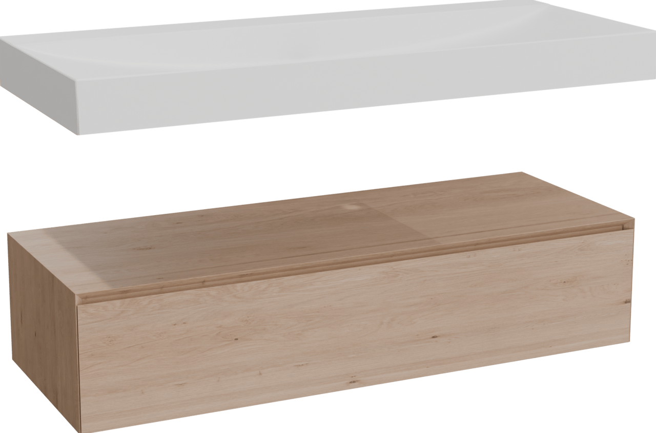 Balmani Mitra Elements hängendes Möbelstück Set: 135 x 55 cm, Naturbelassene Eiche mit Wave Einzelwaschtisch für 2 Armaturenlöcher, Solid Surface Weiß matt