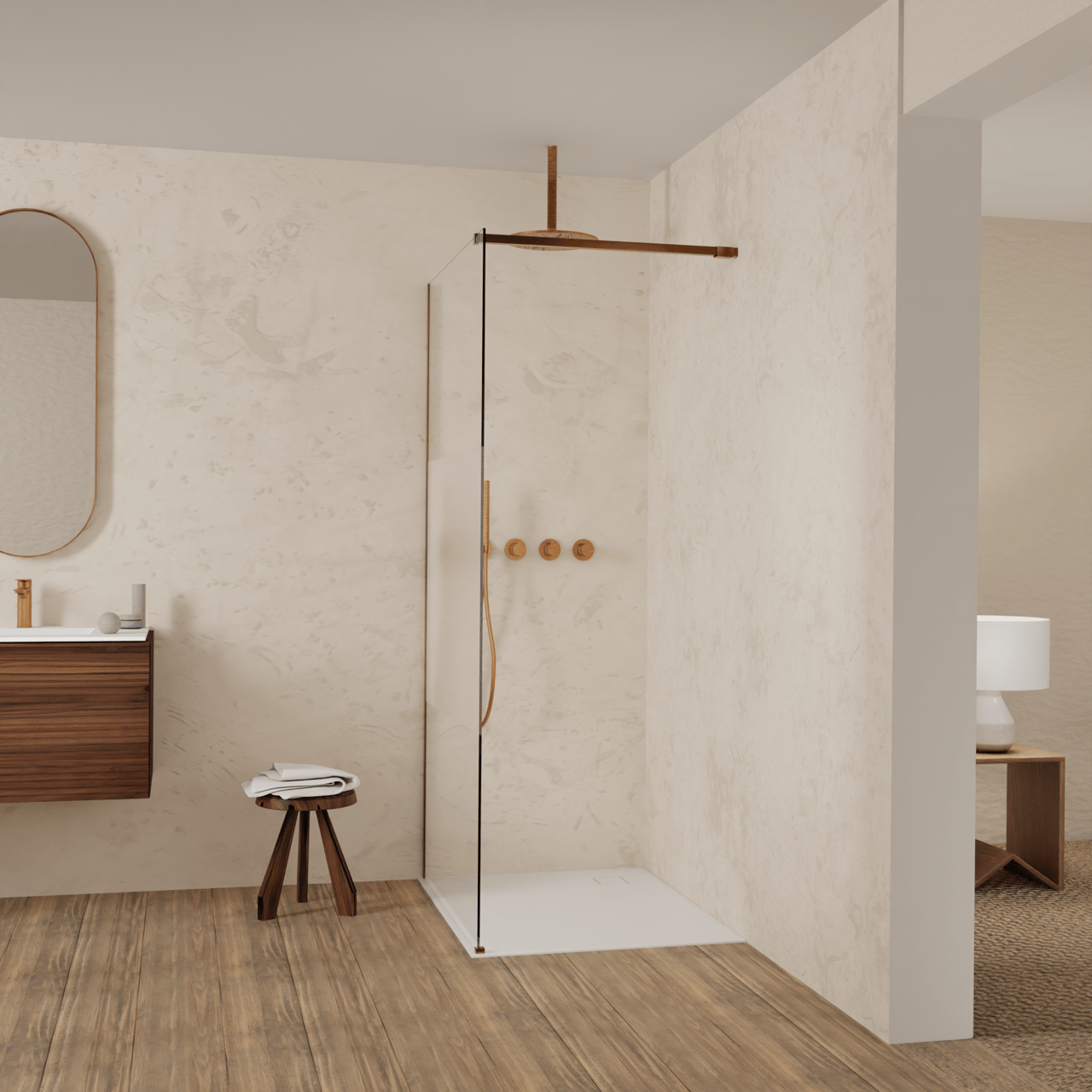 Balmani Modular Walk-In Dusche: 100 x 200 cm, Klarglas mit mattiertem Streifen, inklusive Coating, Profil Brushed Rosegold