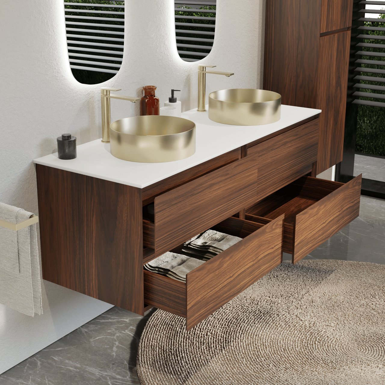 Balmani Mitra zwevend badkamermeubel 150 x 55 cm notelaar met Stretto enkel of dubbel tablet in solid surface mat wit