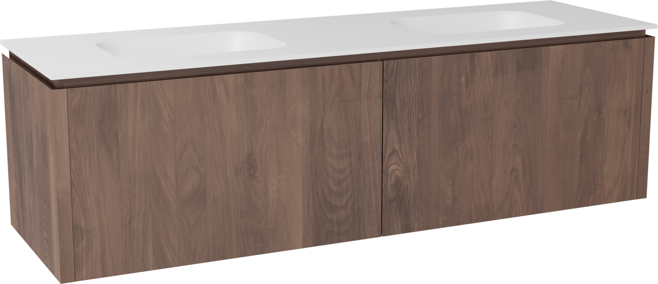 Balmani Eclips hängendes Möbelstück Set: 180 x 55 cm, Amerikanischer Nussbaum, mit Tablo Arcato Doppelwaschtisch Solid Surface Weiβ matt