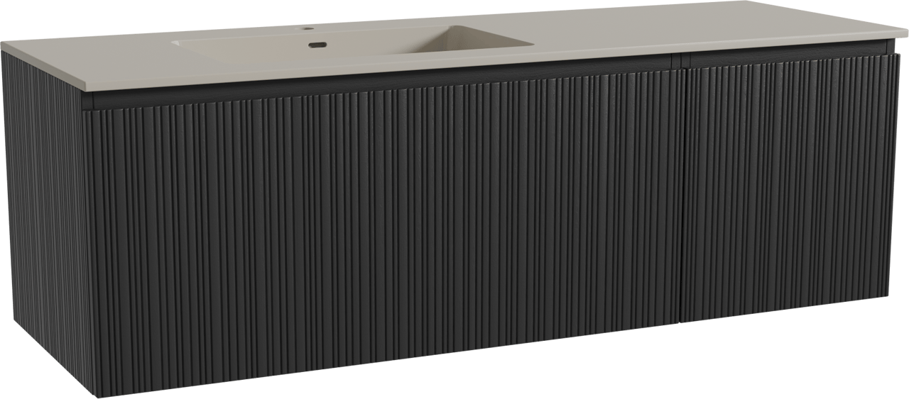 Storke Ribs zwevend badmeubel 150 x 52 cm zwart eiken met Diva asymmetrisch linkse wastafel in top solid zijdegrijs, Verticale asymmetrische rechte ribbel