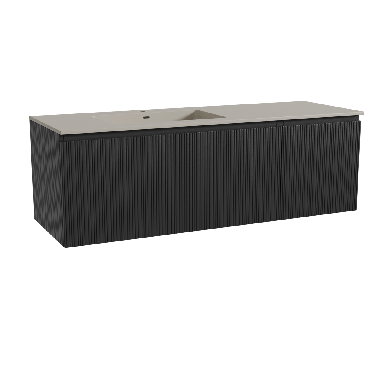 Storke Ribs meuble salle de bains suspendu 150 x 52 cm chêne noir avec Diva vasque asymétrique gauche en top solid soie grise, Nervure droite asymétrique verticale