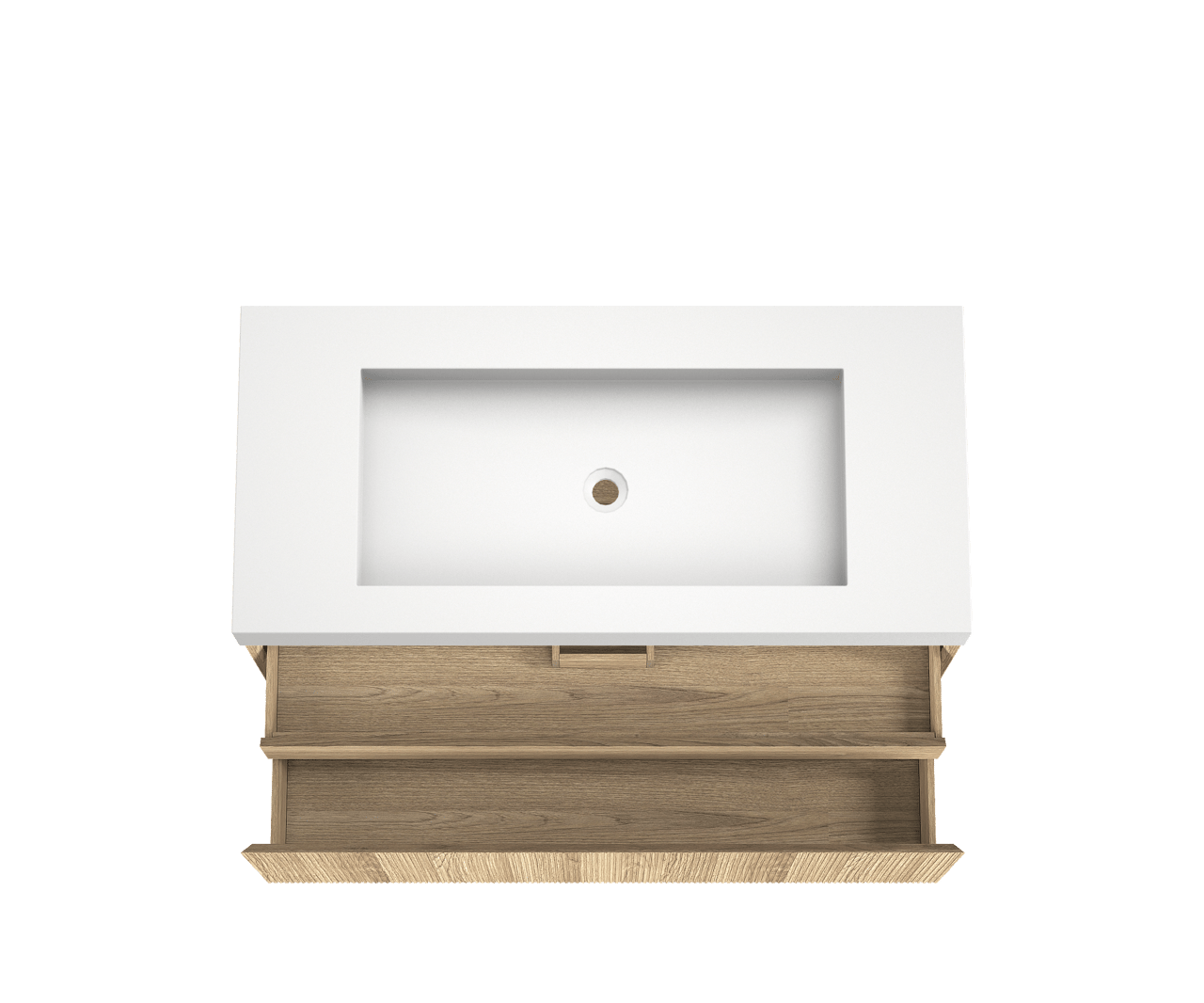 Balmani Fila zwevend badkamermeubel 120 x 55 cm natuur eik met Modus enkele wastafel voor 2 kraangaten in solid surface mat wit, Verticale symmetrische rechte ribbel