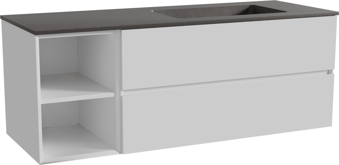 Storke Edge meuble salle de bains suspendu 140 x 52 cm blanc brillant avec Scuro plan vasque asymétrique à droite en quartz noir mat