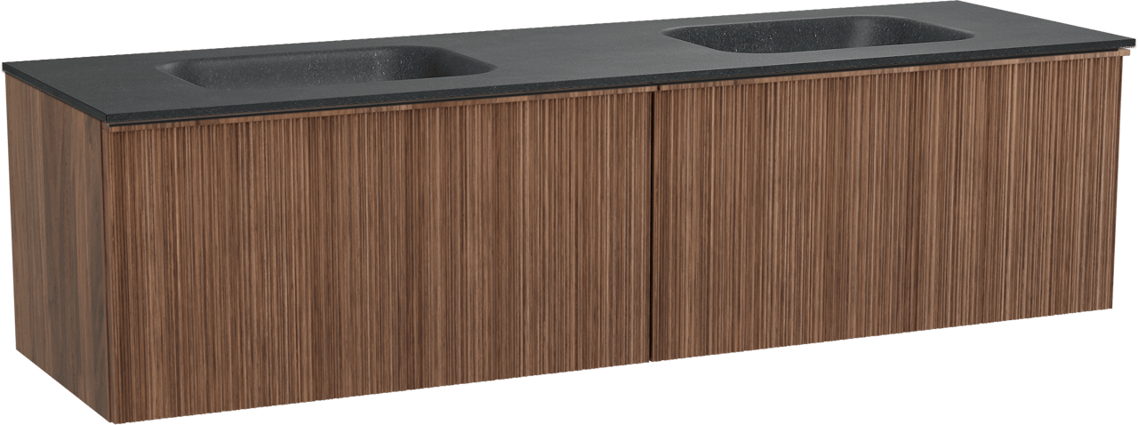 Balmani Forma zwevend badmeubel 180 x 55 cm amerikaans notenhout met Tablo Arcato dubbele wastafel in zwart graniet, Verticale asymmetrische ronde ribbel