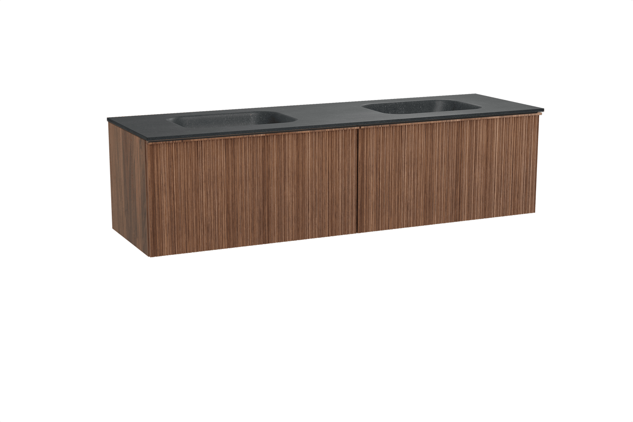 Balmani Forma meuble salle de bains suspendu 180 x 55 cm noyer américain avec Tablo Arcato double vasque en granit noir, Nervure circulaire asymétrique verticale