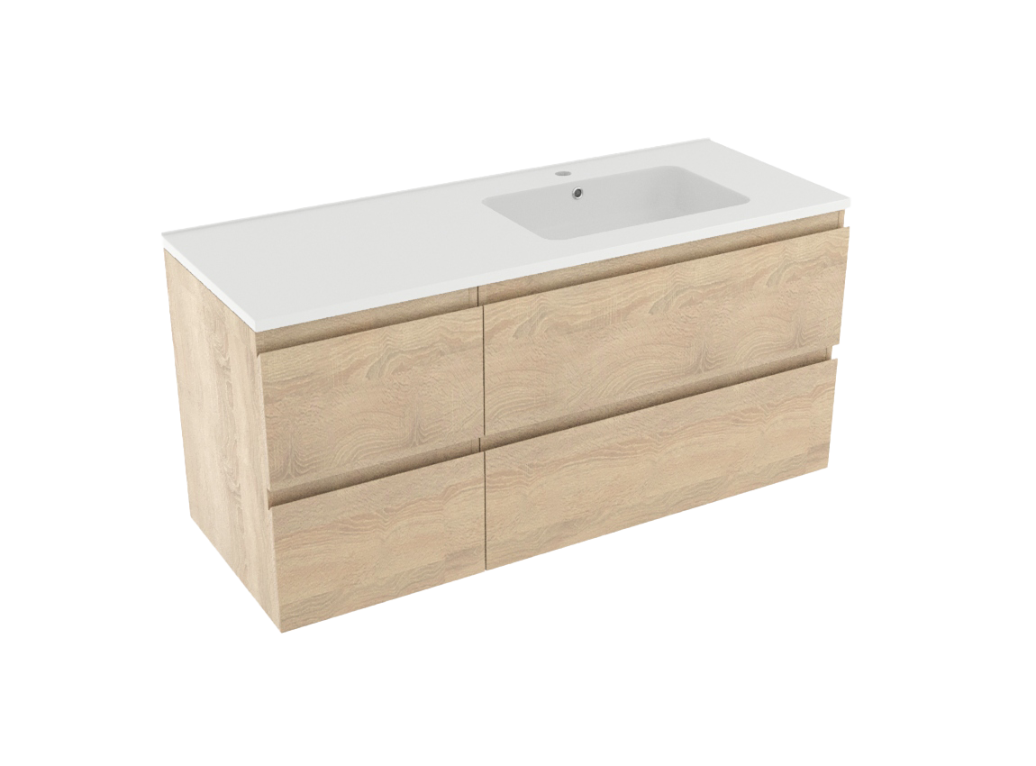 Linie Lado zwevend badmeubel 120 x 46 cm wit eiken met Vano asymmetrisch rechtse wastafel in composietmarmer mat wit