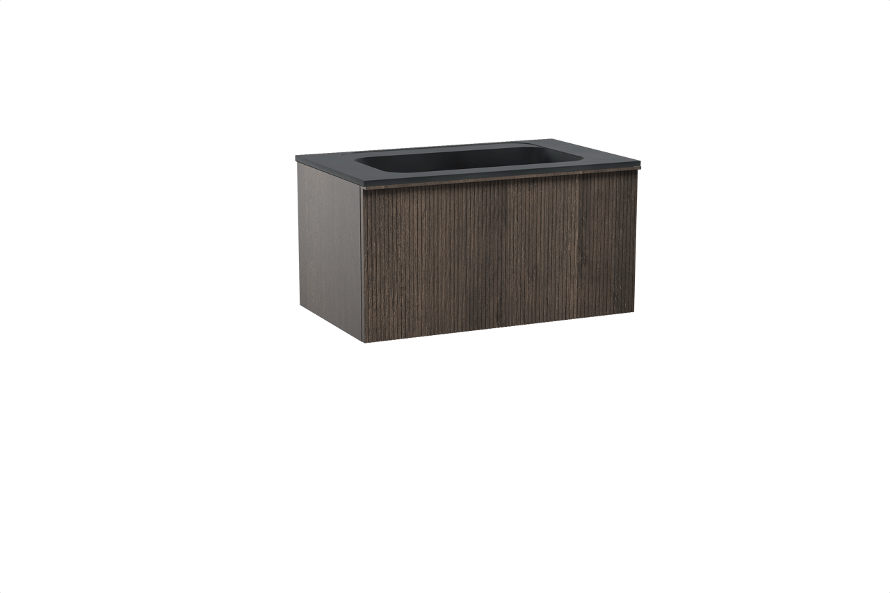 Balmani Forma meuble salle de bains suspendu 90 x 55 cm chêne fumé avec Tablo Strada plan simple en marbre composite noir mat, Nervure droite symétrique verticale