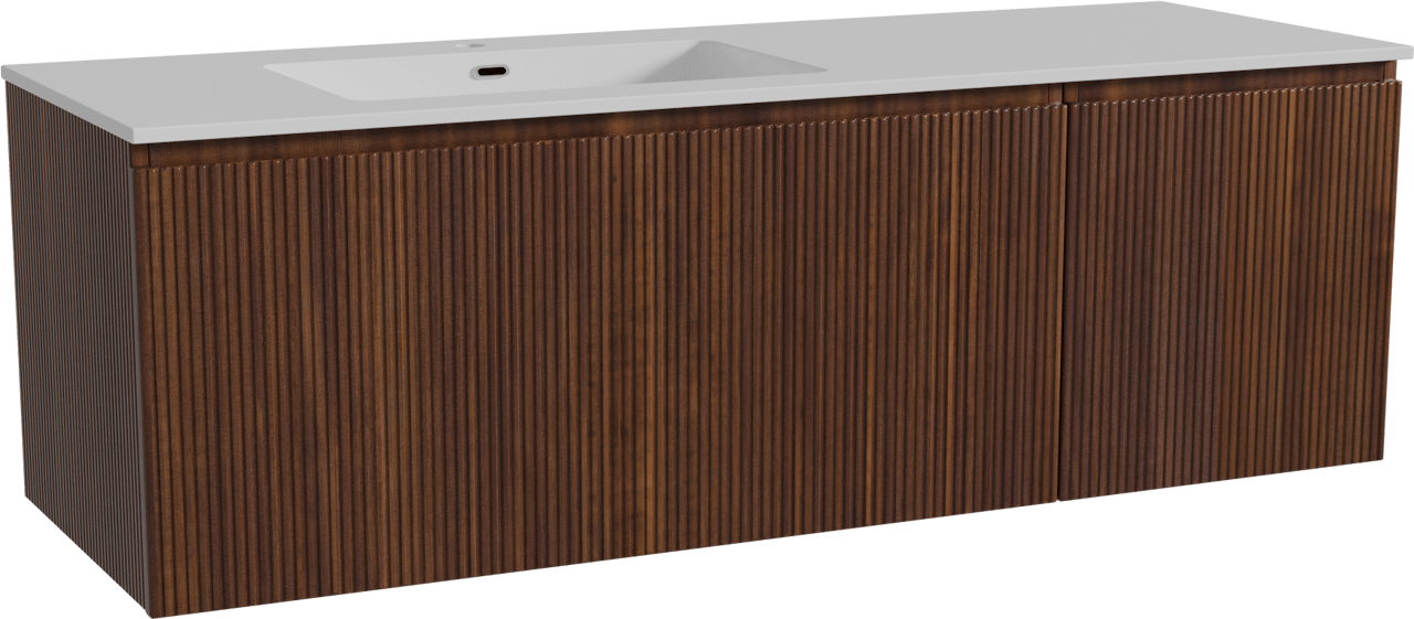 Storke Ribs zwevend badmeubel 150 x 52 cm notenhout met Diva asymmetrisch linkse wastafel in composietmarmer hoogglans wit, Verticale symmetrische rechte ribbel