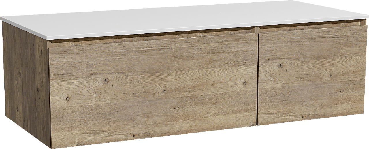 Storke Edge zwevend badmeubel 120 x 52 cm ruw eiken met Tavola enkel of dubbel wastafelblad in solid surface mat wit