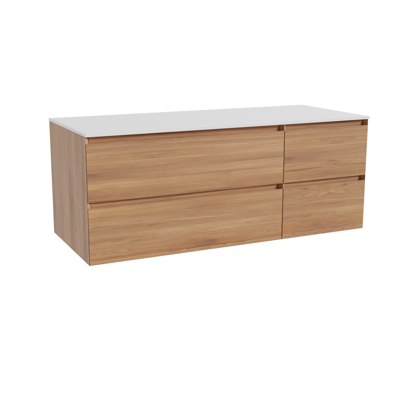 Balmani Mitra zwevend badkamermeubel 135 x 55 cm teak met Stretto enkel of dubbel tablet in solid surface mat wit