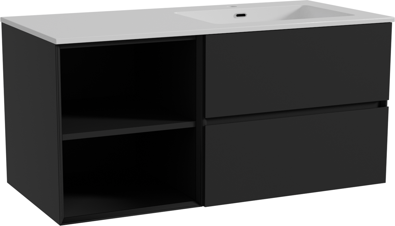 Storke Edge zwevend badmeubel 110 x 52 cm mat zwart met Diva asymmetrisch rechtse wastafel in composietmarmer hoogglans wit