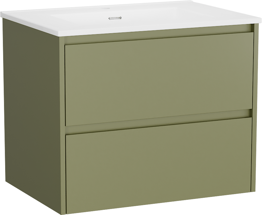 Storke Seda zwevend badkamermeubel 75 x 52 cm olijfgroen met Kera enkele wastafel in porselein mat wit, inclusief crepine