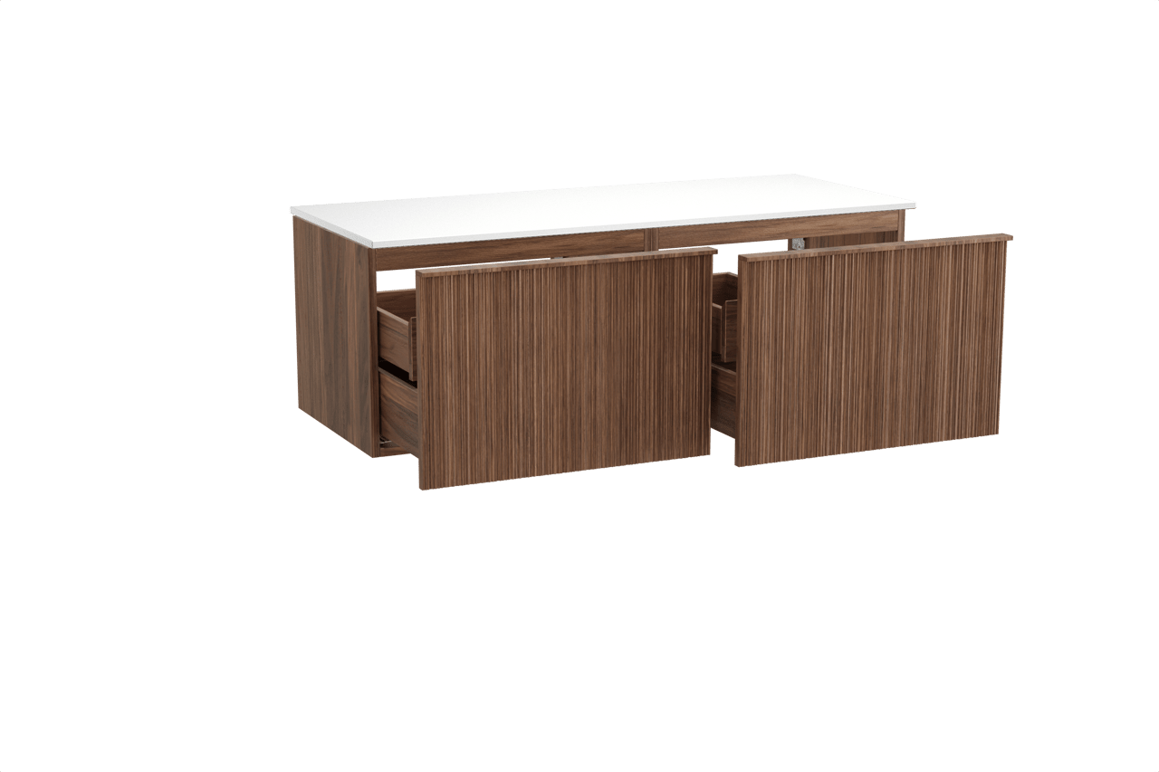 Balmani Forma zwevend badmeubel 135 x 55 cm amerikaans notenhout met Stretto enkel of dubbel wastafelblad in solid surface mat wit, Verticale asymmetrische ronde ribbel
