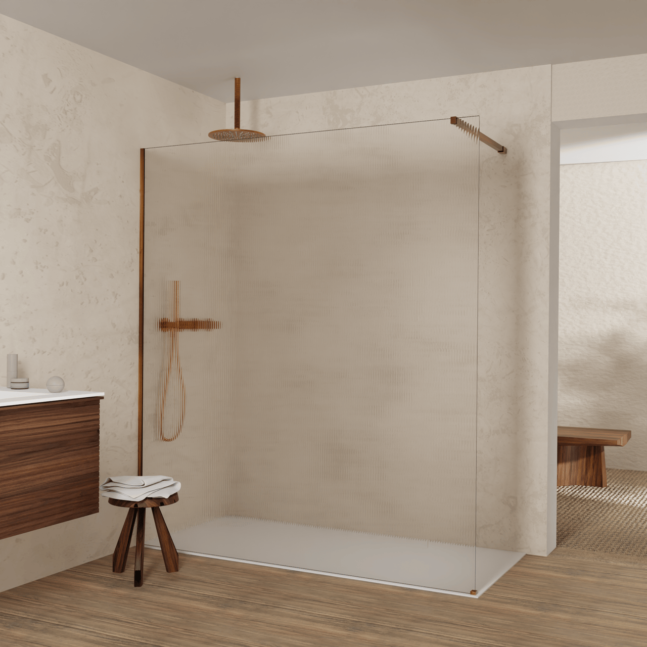 Balmani Modular Walk-In Dusche: 180 x 200 cm, Ribs, inklusive Coating, Profil Brushed Rosegold